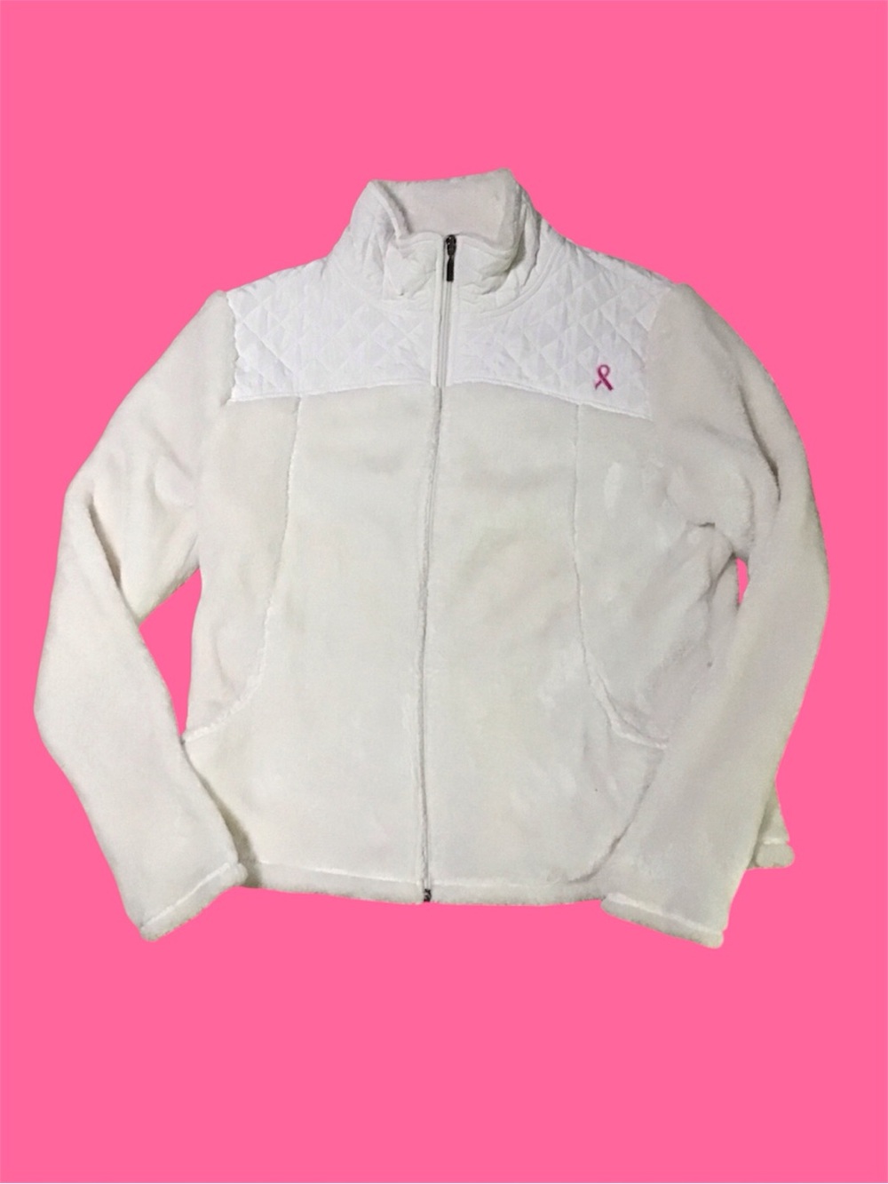 Exertek White Full-Zip Fleece Quilted Jacket Pink Ribbon Breast Cancer XLarge